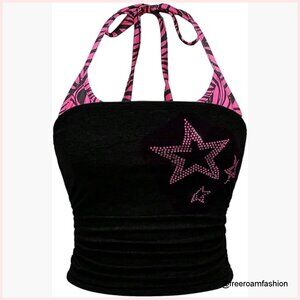 Plus Size Halter Tie Backless Rhinestone Star Crop Top Y2K
